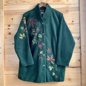 NWT Bob Mackie Womens Jacket 1x Green Fleece Embroidered Fall Leaves Button Up‎